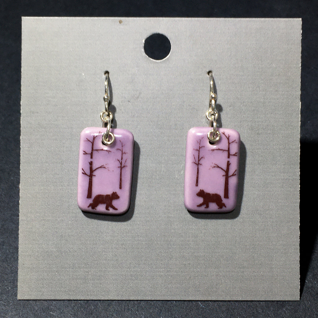 Porcelain Grizzly Bear Cub Forest Earrings - [ST7043]